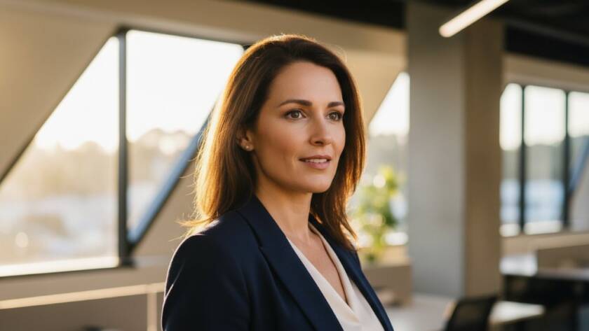 An inspiring and dynamic professional capturing a pivotal moment in their career, depicted through Wantirna professional headshot photography services, with soft, dramatic backlighting illuminating their determined profile against a modern office backdrop.