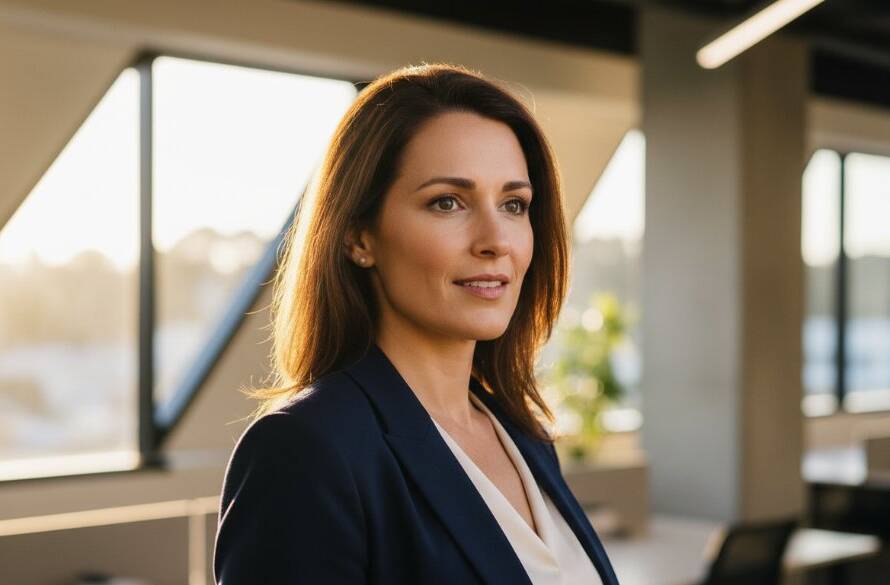 An inspiring and dynamic professional capturing a pivotal moment in their career, depicted through Wantirna professional headshot photography services, with soft, dramatic backlighting illuminating their determined profile against a modern office backdrop.