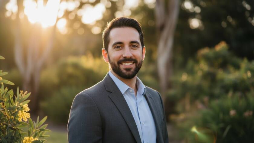 A confident executive smiles broadly in a dynamic Wantirna professional headshots for career growth portrait, captured outdoors with natural light filtering through gum trees, showcasing professionalism and approachability.