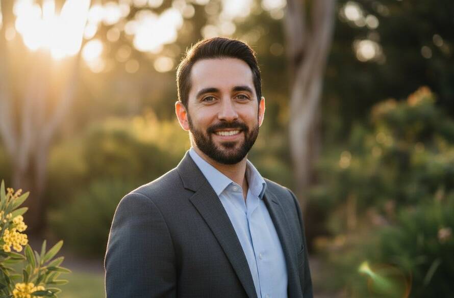 A confident executive smiles broadly in a dynamic Wantirna professional headshots for career growth portrait, captured outdoors with natural light filtering through gum trees, showcasing professionalism and approachability.