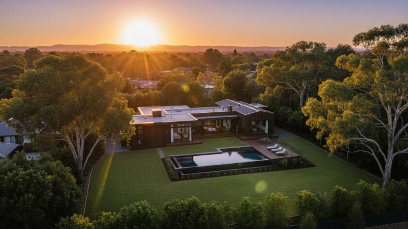 An aerial shot capturing the vibrant sunset glow over a modern family home in Wantirna, Victoria, showcasing its beautifully landscaped garden and expansive outdoor living area, highlighting the quality of Wantirna professional real estate photography.