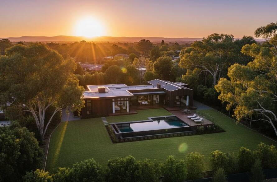 An aerial shot capturing the vibrant sunset glow over a modern family home in Wantirna, Victoria, showcasing its beautifully landscaped garden and expansive outdoor living area, highlighting the quality of Wantirna professional real estate photography.