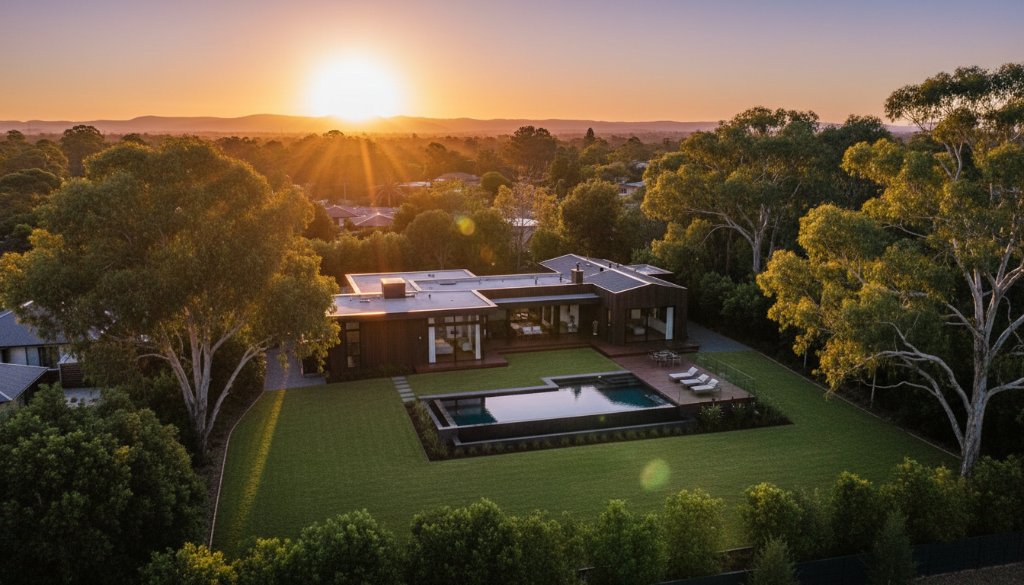 An aerial shot capturing the vibrant sunset glow over a modern family home in Wantirna, Victoria, showcasing its beautifully landscaped garden and expansive outdoor living area, highlighting the quality of Wantirna professional real estate photography.