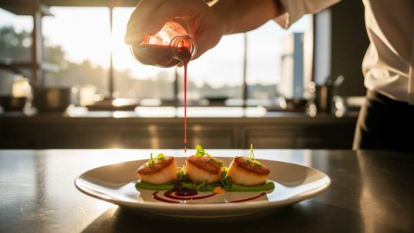 Dramatic wide shot of a chef meticulously plating a gourmet dish in a modern, subtly lit Wantirna restaurant kitchen, showcasing the artistry of Wantirna restaurant food photography storytelling with a cinematic feel.