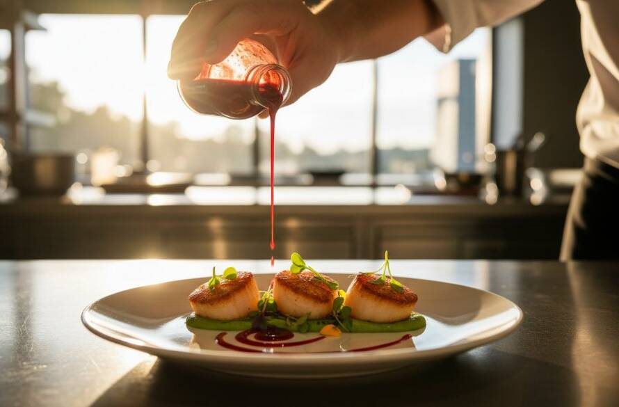 Dramatic wide shot of a chef meticulously plating a gourmet dish in a modern, subtly lit Wantirna restaurant kitchen, showcasing the artistry of Wantirna restaurant food photography storytelling with a cinematic feel.
