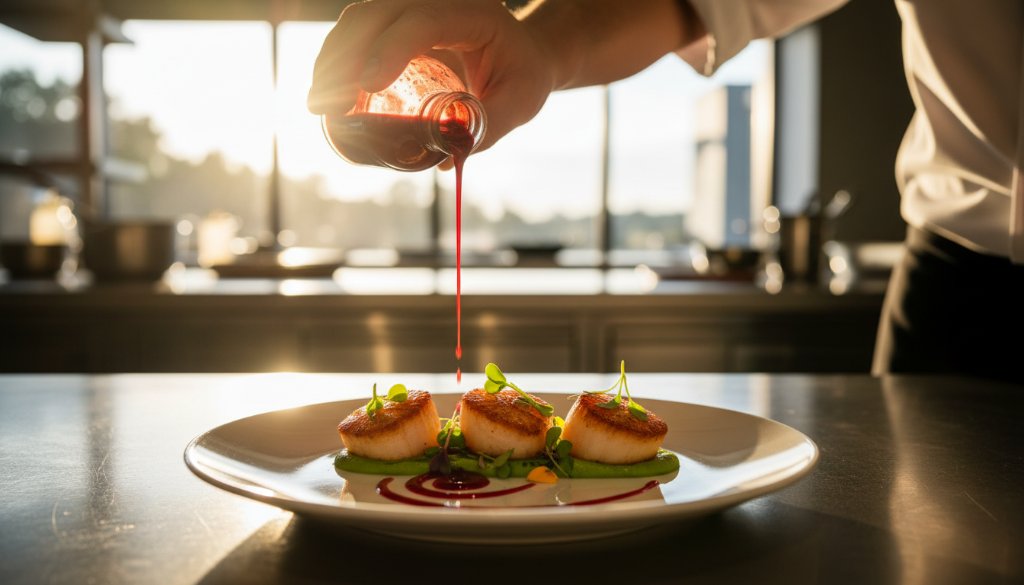 Dramatic wide shot of a chef meticulously plating a gourmet dish in a modern, subtly lit Wantirna restaurant kitchen, showcasing the artistry of Wantirna restaurant food photography storytelling with a cinematic feel.