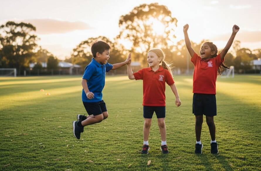 A vibrant, professionally colour-graded photograph showcasing the joy of Wantirna school photography capturing authentic student joy, with a group of diverse students laughing enthusiastically in the sunny playground of a Wantirna school, backlit by golden hour sunlight, creating a cinematic and heartwarming epic moment.