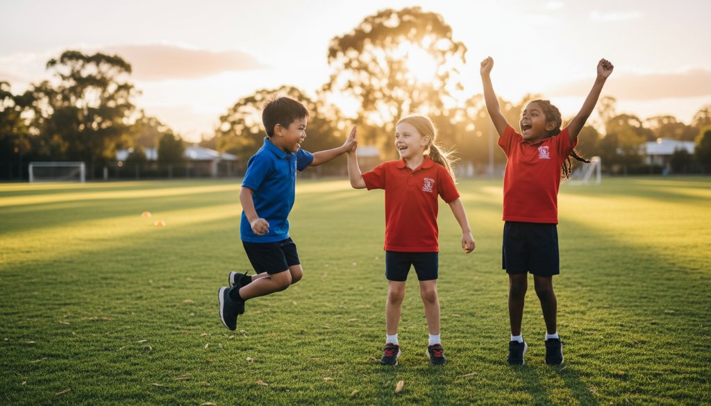 A vibrant, professionally colour-graded photograph showcasing the joy of Wantirna school photography capturing authentic student joy, with a group of diverse students laughing enthusiastically in the sunny playground of a Wantirna school, backlit by golden hour sunlight, creating a cinematic and heartwarming epic moment.