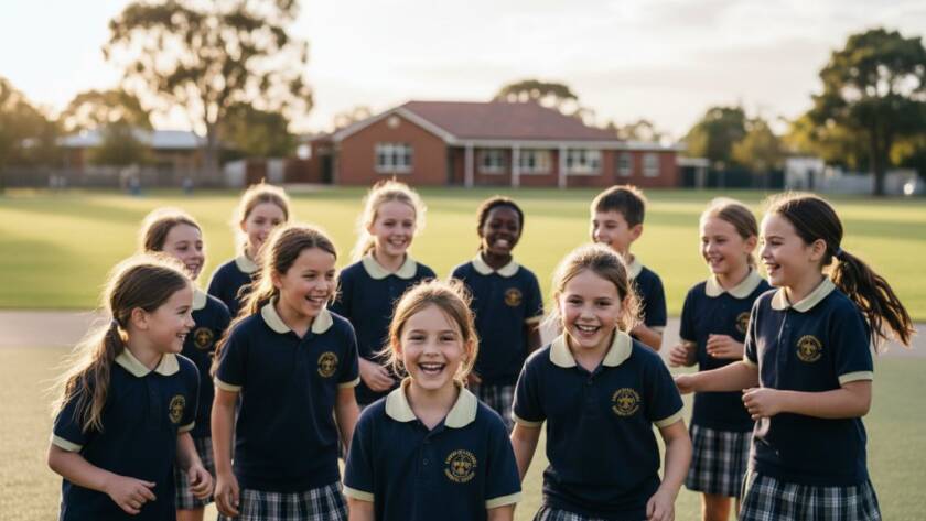A vibrant, emotionally resonant shot of a group of Wantirna primary school children bursting into laughter during an outdoor Wantirna school photography session, capturing genuine smiles under the warm Australian sun, with their school building subtly blurred in the background, professionally colour-graded.