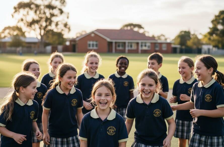 A vibrant, emotionally resonant shot of a group of Wantirna primary school children bursting into laughter during an outdoor Wantirna school photography session, capturing genuine smiles under the warm Australian sun, with their school building subtly blurred in the background, professionally colour-graded.