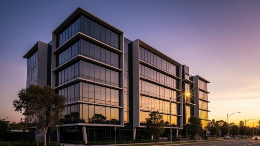 A stunning, wide-angle, dusk shot showcasing a modern, sleek commercial building in Wantirna South, bathed in the soft glow of golden hour, highlighting the intricate facade with dramatic reflections, epitomising Wantirna South architectural photography brilliance.