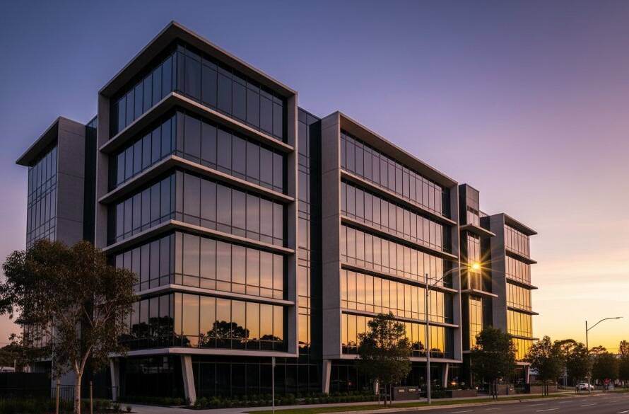 A stunning, wide-angle, dusk shot showcasing a modern, sleek commercial building in Wantirna South, bathed in the soft glow of golden hour, highlighting the intricate facade with dramatic reflections, epitomising Wantirna South architectural photography brilliance.