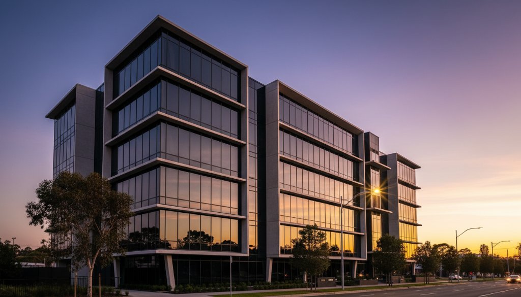 A stunning, wide-angle, dusk shot showcasing a modern, sleek commercial building in Wantirna South, bathed in the soft glow of golden hour, highlighting the intricate facade with dramatic reflections, epitomising Wantirna South architectural photography brilliance.
