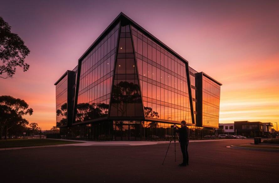 Dramatic wide-angle shot showcasing a sleek, modern commercial building in Wantirna South at twilight, with golden hour light reflecting off its glass facade, and a silhouetted photographer capturing the moment, epitomising expert Wantirna South architectural photography for developers.