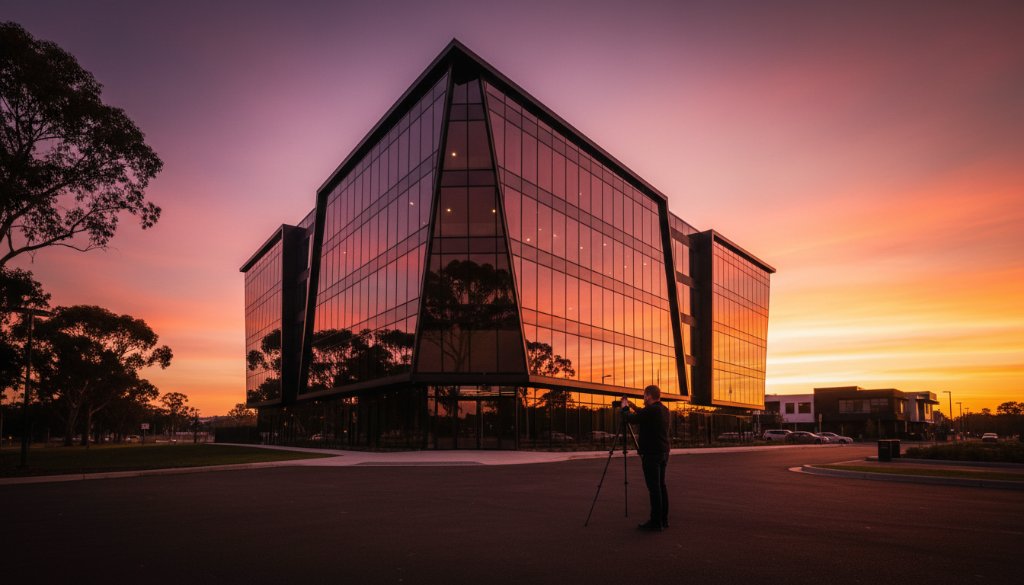 Dramatic wide-angle shot showcasing a sleek, modern commercial building in Wantirna South at twilight, with golden hour light reflecting off its glass facade, and a silhouetted photographer capturing the moment, epitomising expert Wantirna South architectural photography for developers.