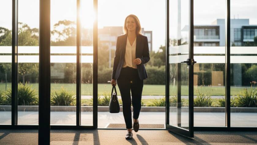 A confident female entrepreneur in Wantirna South celebrating Wantirna South Branding Photography Success, captured mid-stride with dramatic backlighting as she walks purposefully through a modern co-working space, a vibrant blur of activity in the background, showcasing her brand's dynamic energy.