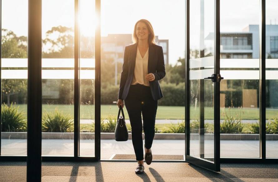 A confident female entrepreneur in Wantirna South celebrating Wantirna South Branding Photography Success, captured mid-stride with dramatic backlighting as she walks purposefully through a modern co-working space, a vibrant blur of activity in the background, showcasing her brand's dynamic energy.