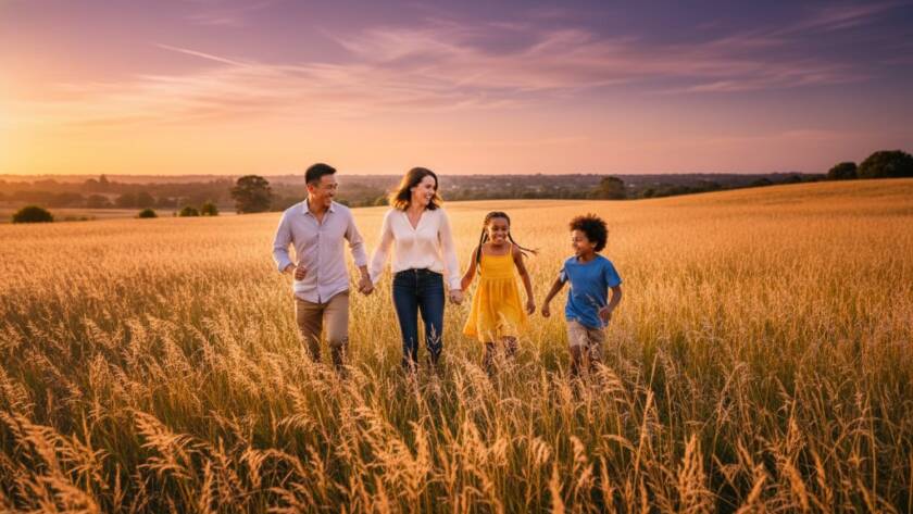 An emotionally vibrant photograph capturing a Wantirna South candid family photography experiences moment: a family laughing heartily as they stroll through a sun-dappled park at sunset, children chasing bubbles, dramatic golden hour light, professional colour grading.