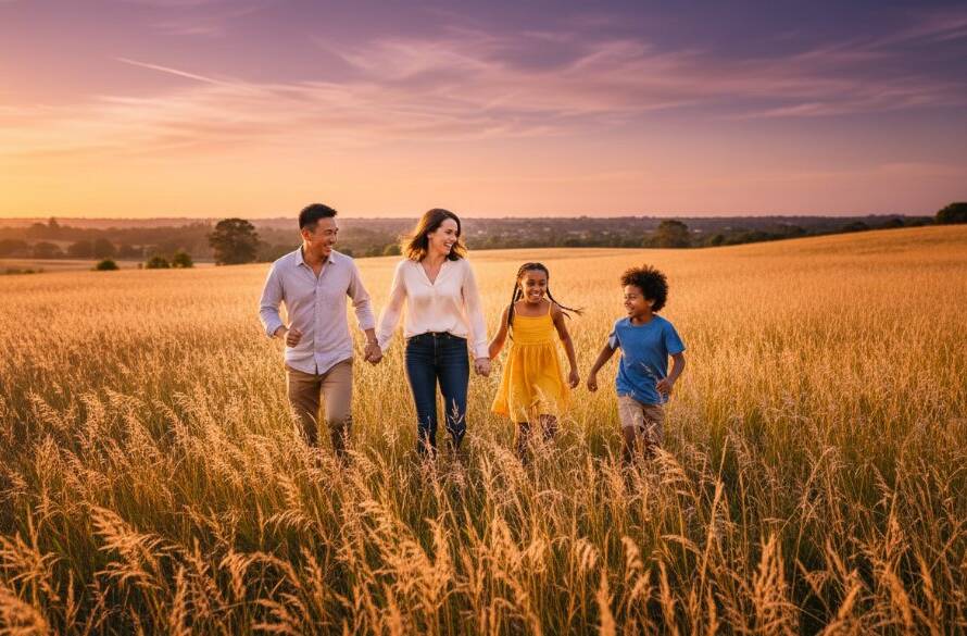 An emotionally vibrant photograph capturing a Wantirna South candid family photography experiences moment: a family laughing heartily as they stroll through a sun-dappled park at sunset, children chasing bubbles, dramatic golden hour light, professional colour grading.