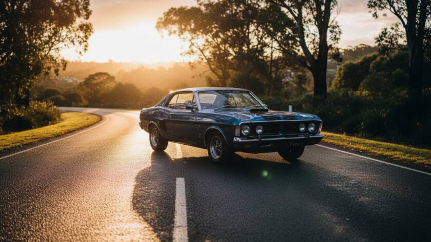 A dramatic Wantirna South classic car photoshoot Victoria showing a polished vintage muscle car gleaming at sunset on a quiet road, its powerful lines highlighted by golden hour light, capturing an epic moment of automotive beauty.