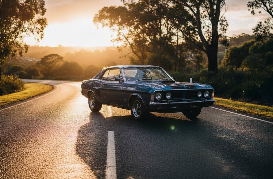 A dramatic Wantirna South classic car photoshoot Victoria showing a polished vintage muscle car gleaming at sunset on a quiet road, its powerful lines highlighted by golden hour light, capturing an epic moment of automotive beauty.