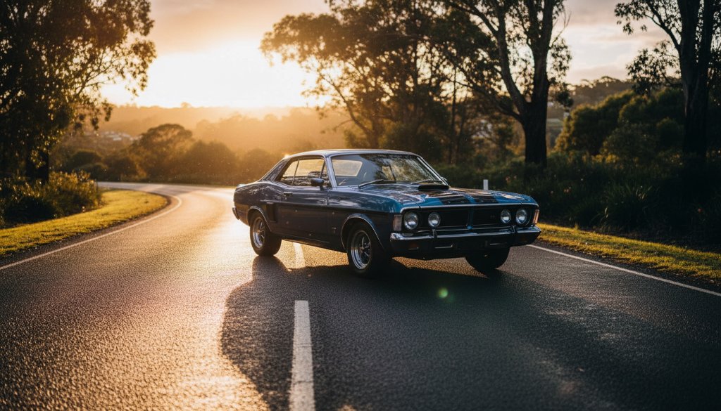 A dramatic Wantirna South classic car photoshoot Victoria showing a polished vintage muscle car gleaming at sunset on a quiet road, its powerful lines highlighted by golden hour light, capturing an epic moment of automotive beauty.