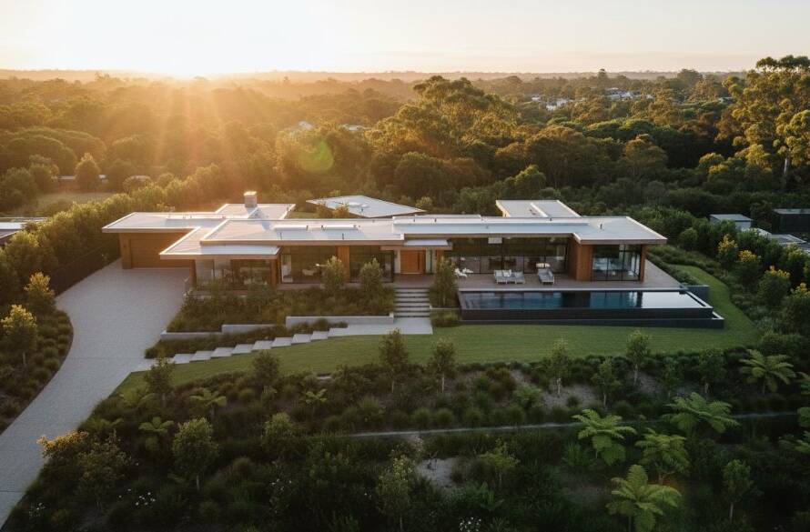 An epic golden hour drone shot capturing a modern luxury home in Wantirna South, surrounded by lush green landscapes, showcasing the breathtaking real estate visuals possible with Wantirna South drone photography.