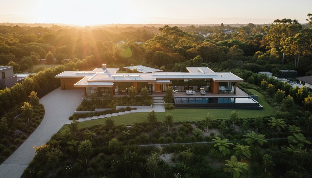 An epic golden hour drone shot capturing a modern luxury home in Wantirna South, surrounded by lush green landscapes, showcasing the breathtaking real estate visuals possible with Wantirna South drone photography.