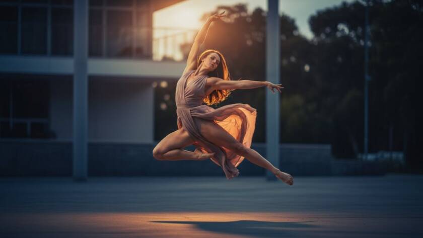 An epic moment captured in Wantirna South dynamic contemporary dance photography, featuring a dancer mid-leap, dramatically lit against a blurred urban backdrop, conveying power and grace.