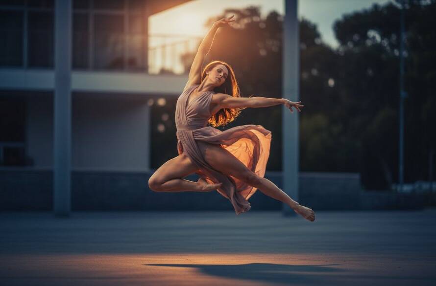 An epic moment captured in Wantirna South dynamic contemporary dance photography, featuring a dancer mid-leap, dramatically lit against a blurred urban backdrop, conveying power and grace.