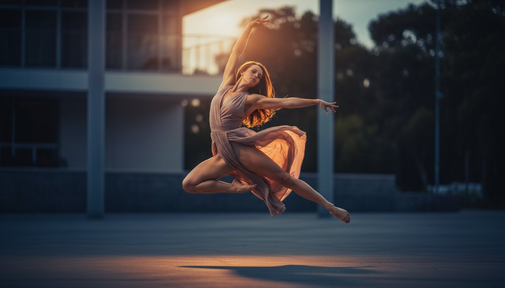 An epic moment captured in Wantirna South dynamic contemporary dance photography, featuring a dancer mid-leap, dramatically lit against a blurred urban backdrop, conveying power and grace.