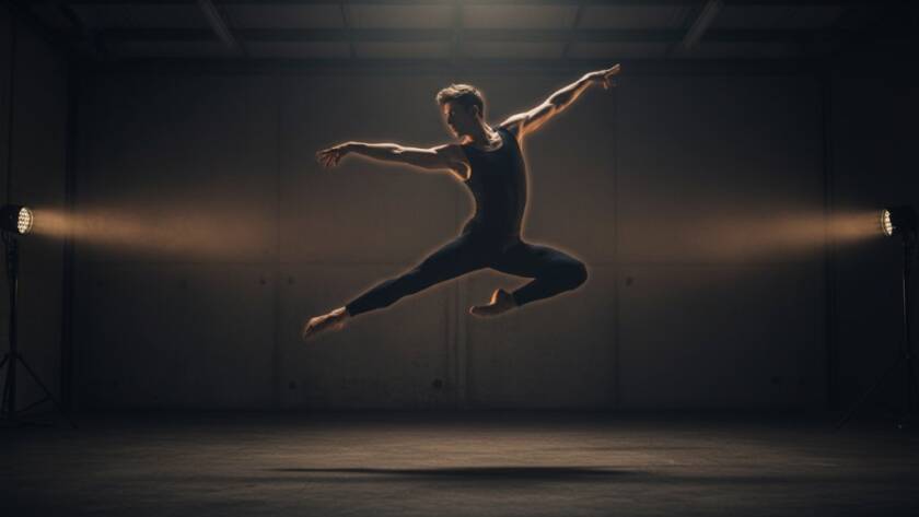 An epic moment of a male contemporary dancer leaping mid-air against a moody, backlit backdrop in a Wantirna South studio, showcasing the power and grace of Wantirna South dynamic dance photography.