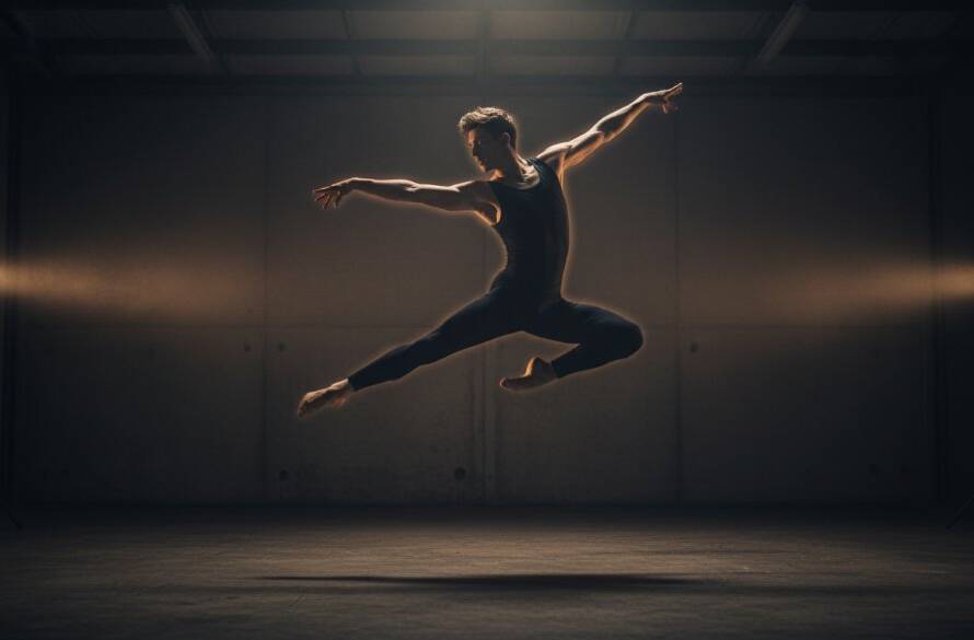 An epic moment of a male contemporary dancer leaping mid-air against a moody, backlit backdrop in a Wantirna South studio, showcasing the power and grace of Wantirna South dynamic dance photography.