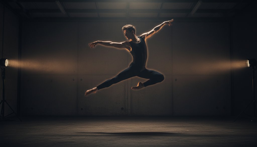 An epic moment of a male contemporary dancer leaping mid-air against a moody, backlit backdrop in a Wantirna South studio, showcasing the power and grace of Wantirna South dynamic dance photography.