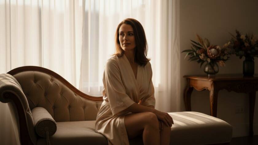 A stunning, dramatic close-up of a woman's silhouette against a softly lit window, capturing the intimate and empowering essence of a Wantirna South Empowering Boudoir Photography session, with professional lighting and emotional depth.