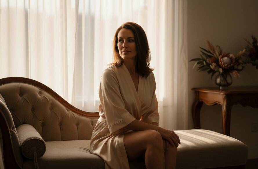 A stunning, dramatic close-up of a woman's silhouette against a softly lit window, capturing the intimate and empowering essence of a Wantirna South Empowering Boudoir Photography session, with professional lighting and emotional depth.