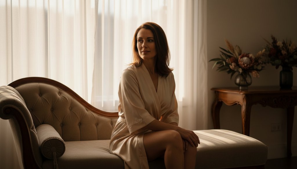 A stunning, dramatic close-up of a woman's silhouette against a softly lit window, capturing the intimate and empowering essence of a Wantirna South Empowering Boudoir Photography session, with professional lighting and emotional depth.