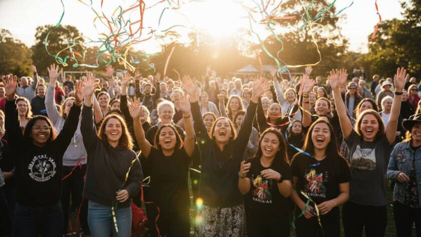 An 'epic moment' capture in Wantirna South featuring guests laughing heartily during an outdoor corporate event, beautifully lit by a sunset glow, demonstrating expert Wantirna South Event Photography for Unforgettable Moments.