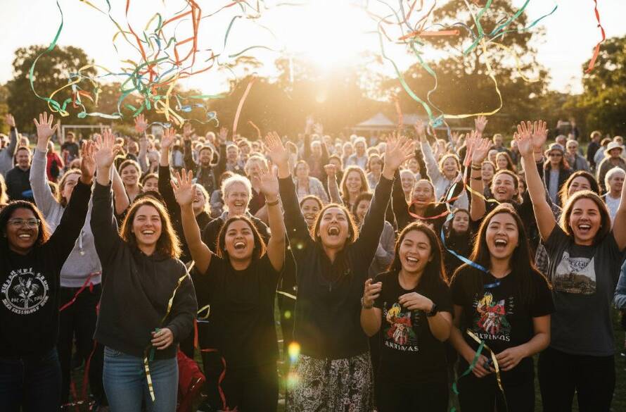 An 'epic moment' capture in Wantirna South featuring guests laughing heartily during an outdoor corporate event, beautifully lit by a sunset glow, demonstrating expert Wantirna South Event Photography for Unforgettable Moments.