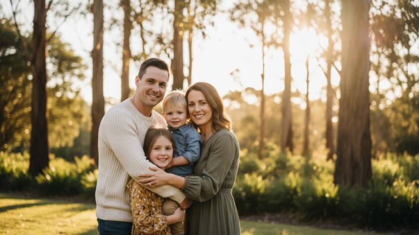 An epic, dramatic portrait capturing a family's deep connection through Wantirna South fine art photography storytelling, set against a painterly backdrop with soft, golden hour light filtering through eucalyptus trees, highlighting their emotional bond.
