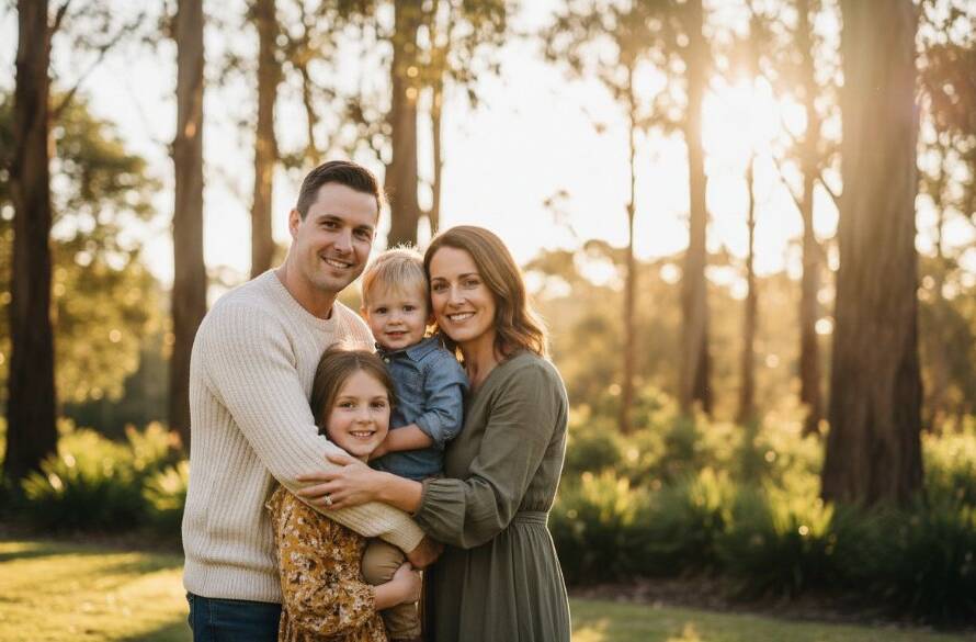 An epic, dramatic portrait capturing a family's deep connection through Wantirna South fine art photography storytelling, set against a painterly backdrop with soft, golden hour light filtering through eucalyptus trees, highlighting their emotional bond.