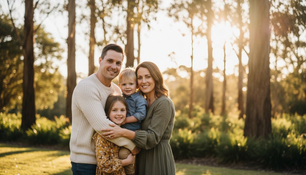 An epic, dramatic portrait capturing a family's deep connection through Wantirna South fine art photography storytelling, set against a painterly backdrop with soft, golden hour light filtering through eucalyptus trees, highlighting their emotional bond.