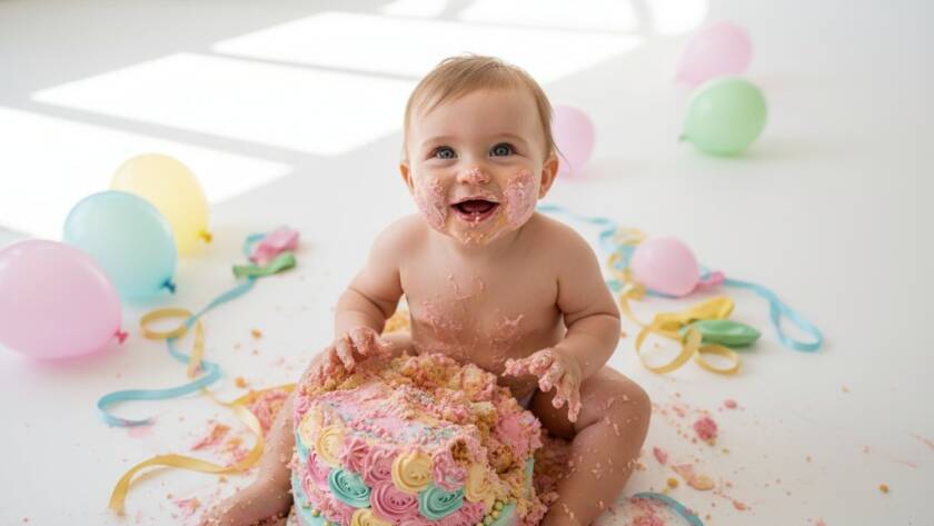 An adorable baby laughing amidst colourful cake frosting during their Wantirna South first birthday cake smash photography session, with dramatic, soft window light highlighting their joyful expression and messy hands.