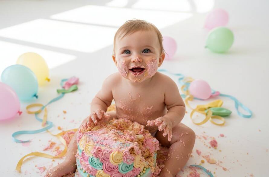 An adorable baby laughing amidst colourful cake frosting during their Wantirna South first birthday cake smash photography session, with dramatic, soft window light highlighting their joyful expression and messy hands.