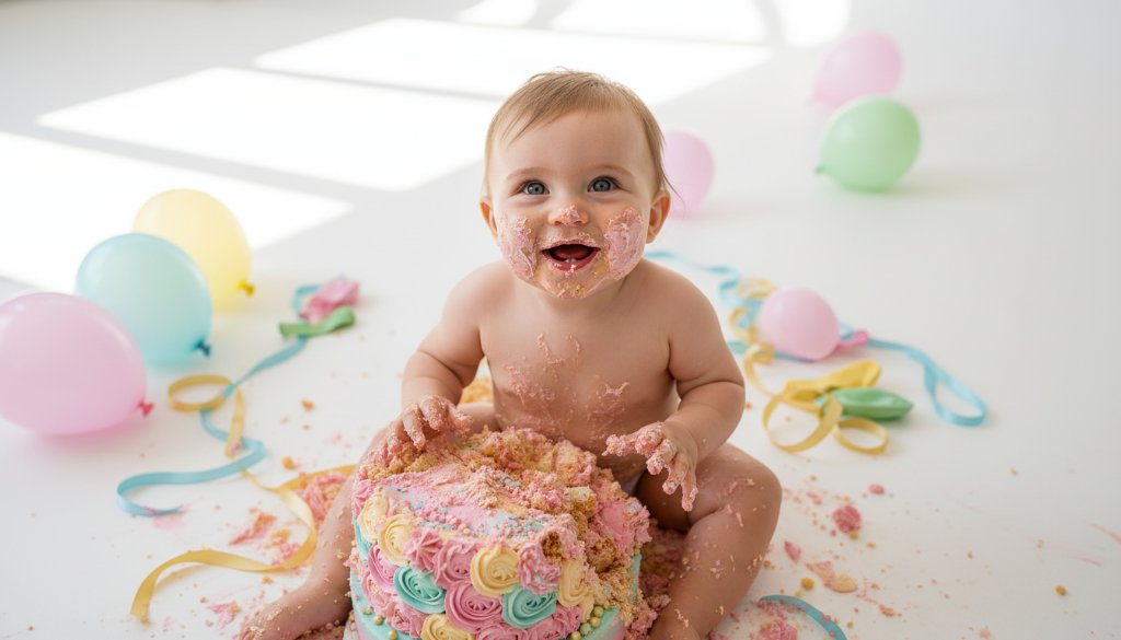 An adorable baby laughing amidst colourful cake frosting during their Wantirna South first birthday cake smash photography session, with dramatic, soft window light highlighting their joyful expression and messy hands.