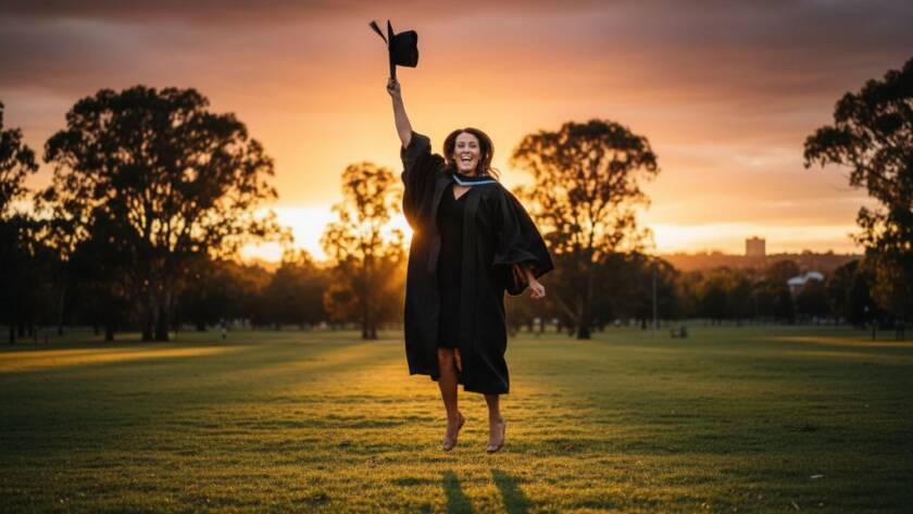 Epic Wantirna South graduation photography moments featuring a joyful graduate in their cap and gown, framed against a soft, golden sunset, holding their degree triumphantly in a scenic Wantirna South park, professionally lit and color-graded.