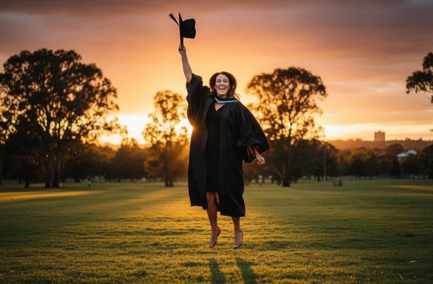 Epic Wantirna South graduation photography moments featuring a joyful graduate in their cap and gown, framed against a soft, golden sunset, holding their degree triumphantly in a scenic Wantirna South park, professionally lit and color-graded.