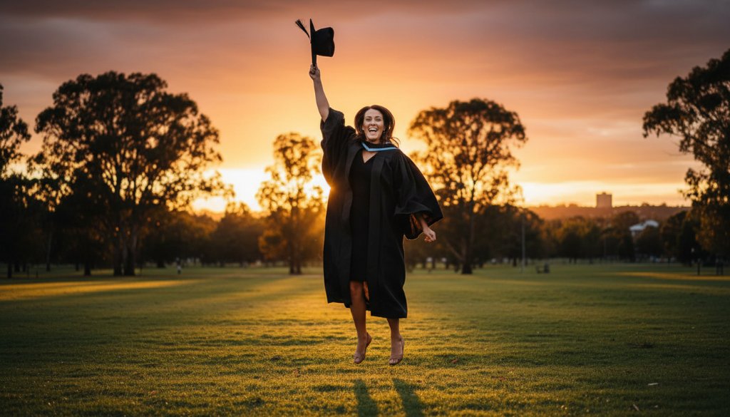 Epic Wantirna South graduation photography moments featuring a joyful graduate in their cap and gown, framed against a soft, golden sunset, holding their degree triumphantly in a scenic Wantirna South park, professionally lit and color-graded.