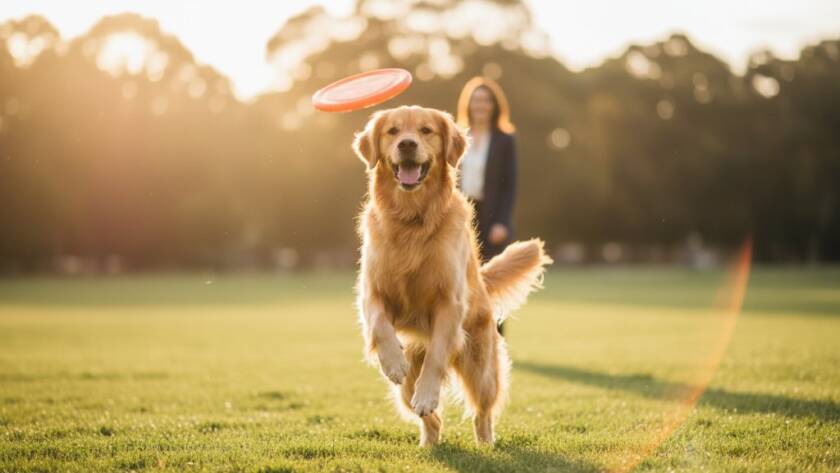 An epic, heartwarming professional photograph capturing a golden retriever joyfully leaping through a sun-drenched park in Wantirna South during a Wantirna South heartwarming pet photography sessions, with its owner smiling in the soft background, showcasing their deep bond.