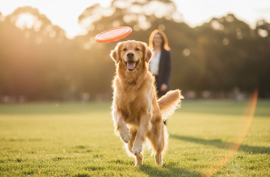 An epic, heartwarming professional photograph capturing a golden retriever joyfully leaping through a sun-drenched park in Wantirna South during a Wantirna South heartwarming pet photography sessions, with its owner smiling in the soft background, showcasing their deep bond.